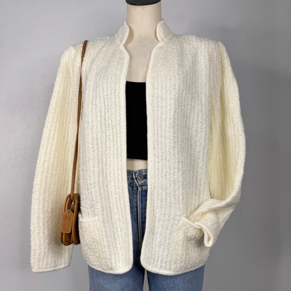 Vintage Cream Textured Knit Cardigan Harrington Square Open Front Hong Kong